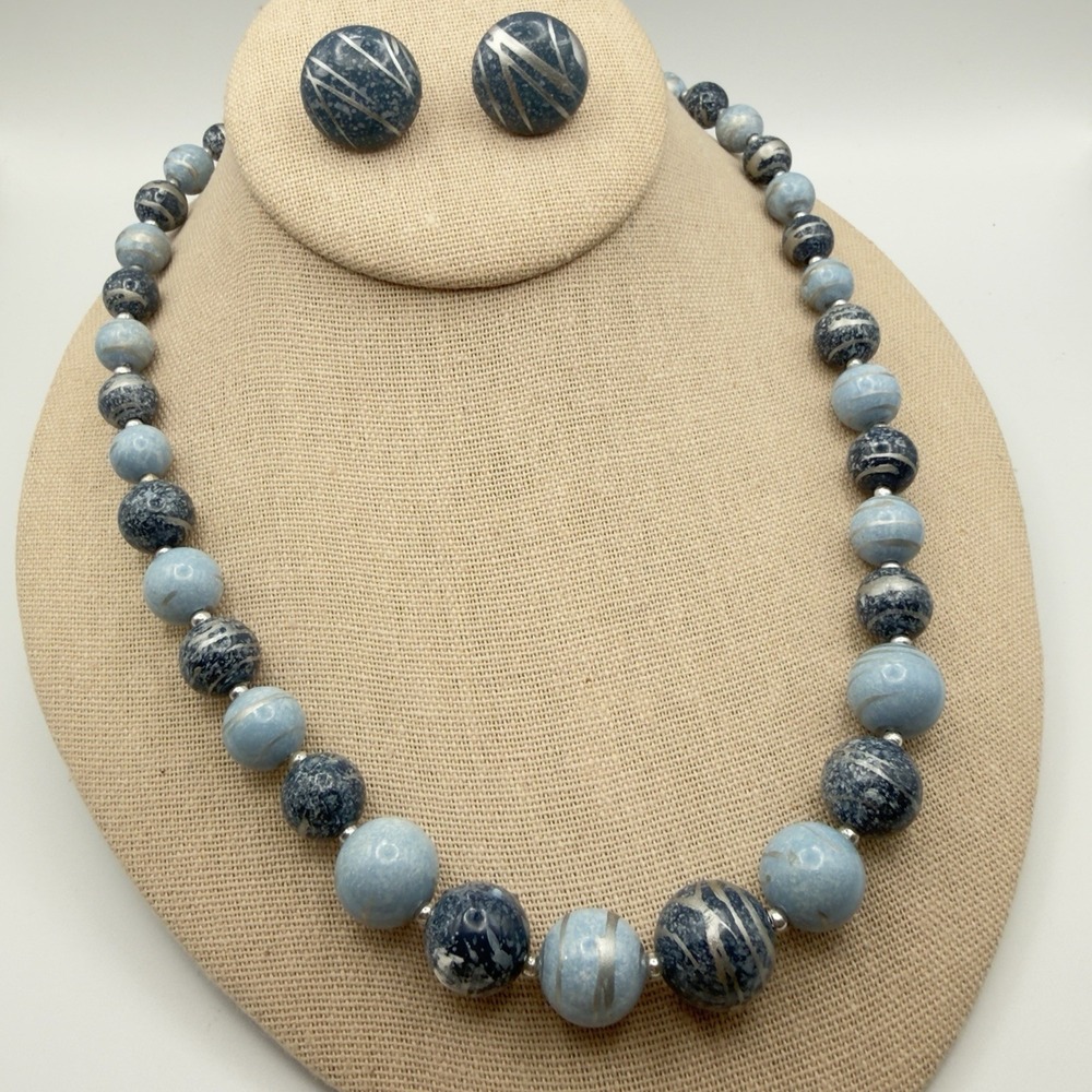 Vintage Denim Blue Acrylic Beaded Necklace Earring Set Marbled Stripe 24"